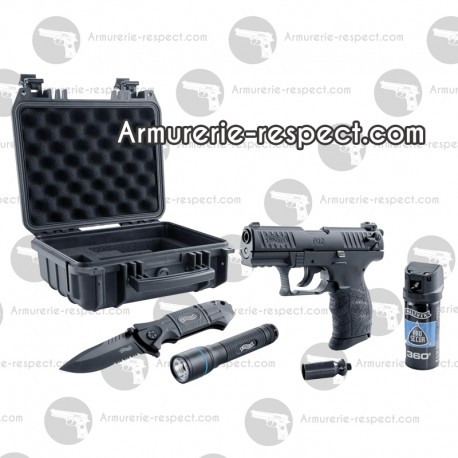 Pistolet 9 MM A Blanc Walther PP Noir + Défense