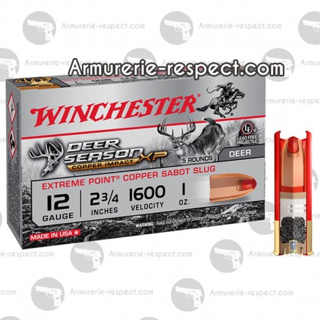 5 cartouches Winchester Deer Season sans plomb Calibre 12/70